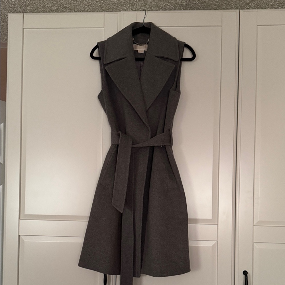 Michel Kors Sleeveless Gray Wrap Belted Wool Blend Vest